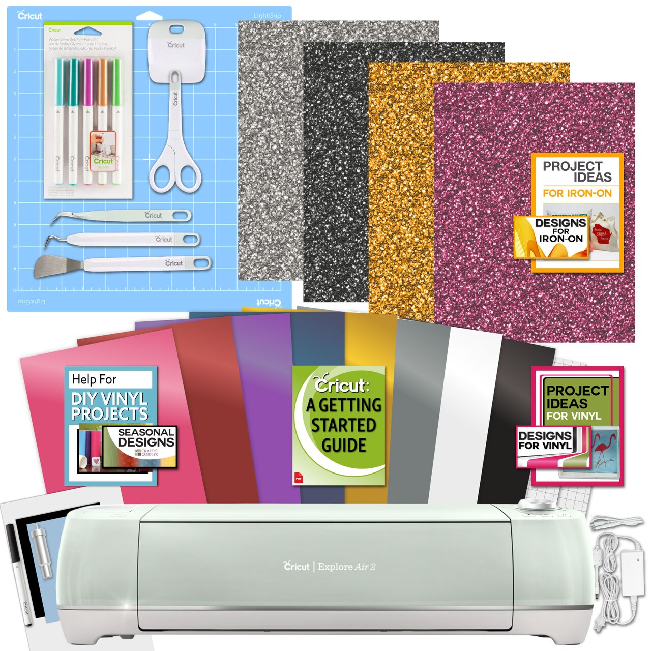 Cricut Explore Air 2 Machine with Iron-On and Vinyl Sampler Packs, Tool Set and Pens Bundle